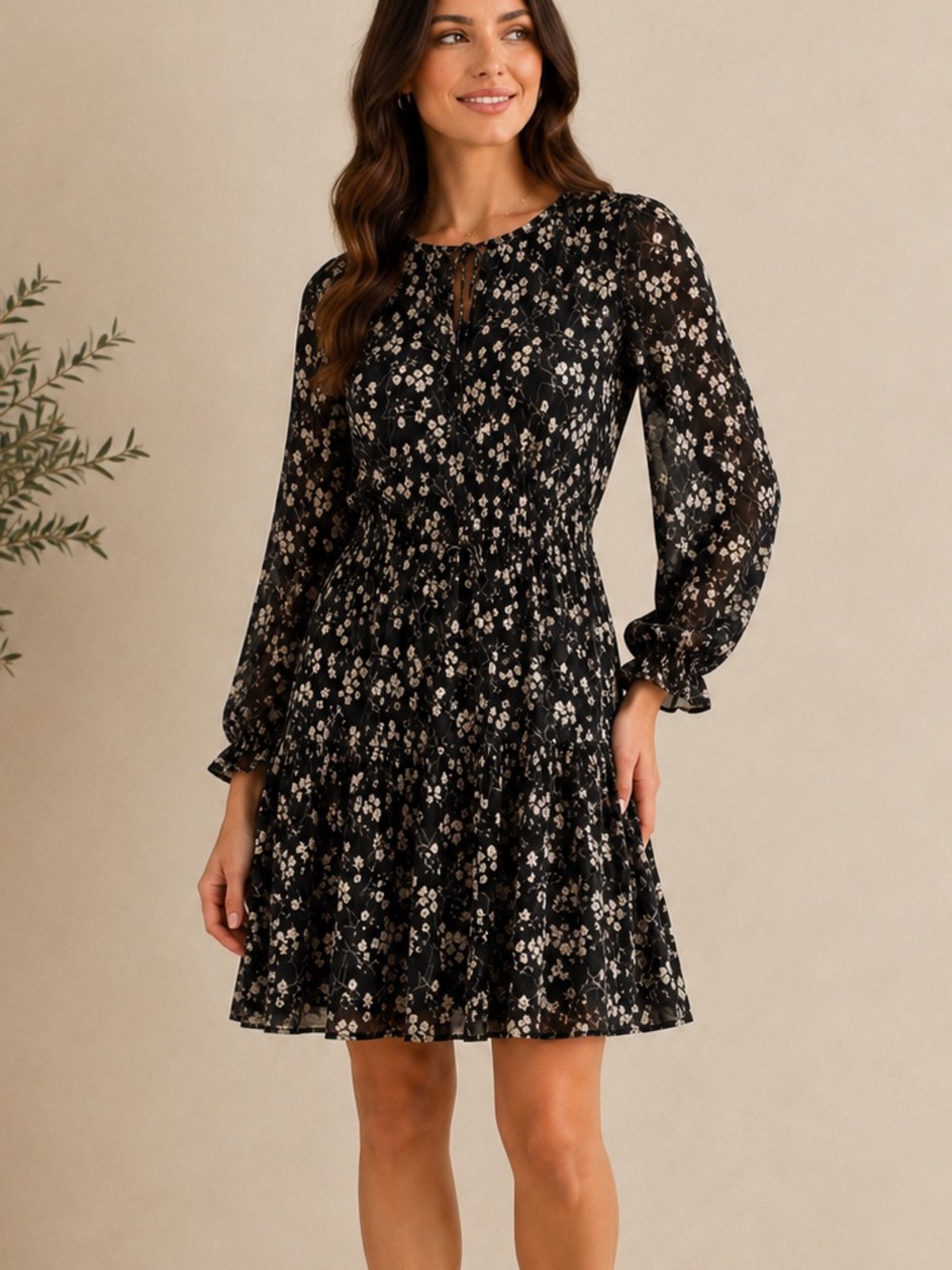 Pinch Black and White Floral Tie-Waist Long Sleeve Dress